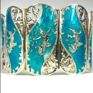 Sterling Silver Siam, Blue Enamel Bracelet, Ramasura / Mekkala, Panel Link